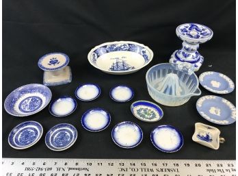 Lot Of Blue And White Items, Wood And Sons, Wedgwood, Reamer