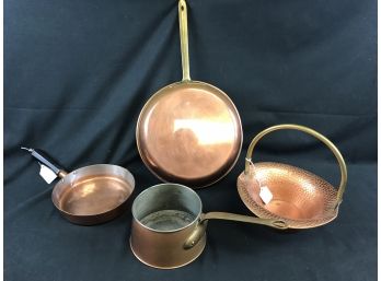 4 Copper Vintage Pan Items, Old Revere Skillet