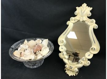 Glass Bowl With Shells And Small Mirror With Antique Finish Frame