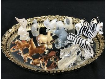 Lot Of Miniature Ceramic Animals With Mirrored Glass Metal Base
