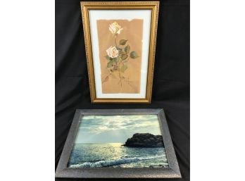 Framed Painted Roses On Paper And Photo Of Night Ocean Scene