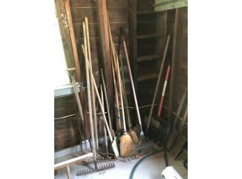 Assorted Garden Tools And Brooms Etc.