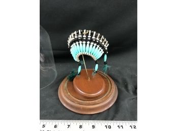 Indian Headdress On Stand In Glass Dome
