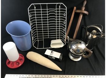 Lot Of Household Items, Old Coffee Pots, Pill Grinder, Chicken Feeder, Paper Towel Holder