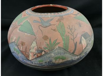 Handpainted Clay Pot, Made In Mexico, 11 Inches In Diameter 6 1/2 Inches Tall