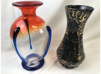 American Limoges Mid Century Black And Gold Vase, And Clear- Blue-red Glass Vase Looks Like Mikasa
