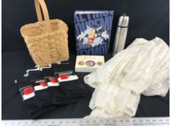 Misc Lot, Thermos, 4 Two Packs Of Black Linen Napkins, Wicker Wine Tote, Disney Album, Pasta Book, Table Cloth