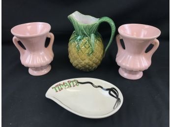 Centage Pottery Two Pink Vases 426 Made In USA, Pineapple Pitcher, Tidbits Tray
