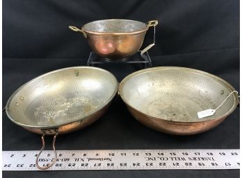 Copper Hinged Wok Bowl And Old Copper Bowl With Brass Handles