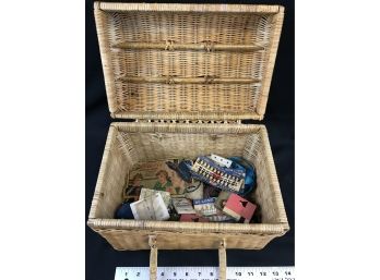 Vintage Wicker Sewing Basket With Sewing Contents