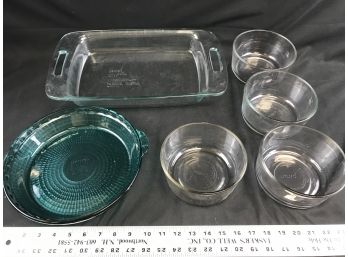 6 Pyrex Lot - Round Baking Dishes, Large Rectangle Baking Dish, Blue Green Pie Plate