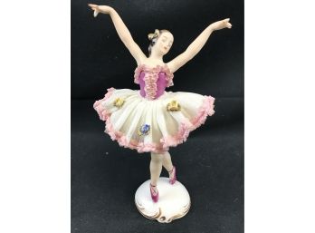 DRESDEN LACE BALLERINA With White And Pink Tutu. Marked: Crown Dresden Dec Elfi 11