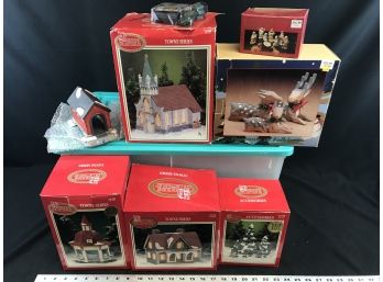 Lot Of Dickens Collectibles Christmas House And Figure Ornaments, Untested Is, Includes Plastic Tote