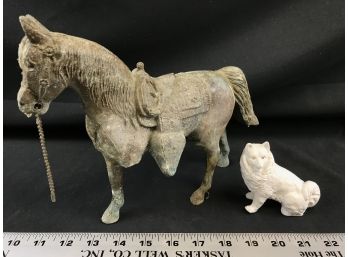 Old Brass Weathered Three Legged Horse And Ceramic Dog