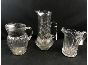 3 Glass Pitchers, Heavy Glass, Depression, Tall Thin Glass Pitcher With Flowers