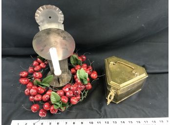 Sturbridge Tin Candle Sconce, Six Sided Brass Box, Cherry Wreath