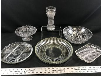 6 Glass Lot Items, Heavy Etched 8” Vase, Desert Pedestal, Bowls And Trays