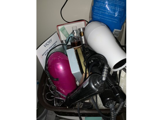 Assorted Hairdryers, Curling Irons, Bathroom Items