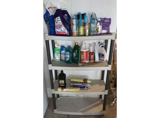 Four Shelf Plastic Shelving And Everything On It