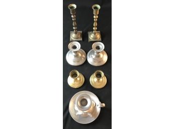 Pewter And Brass Candleholders
