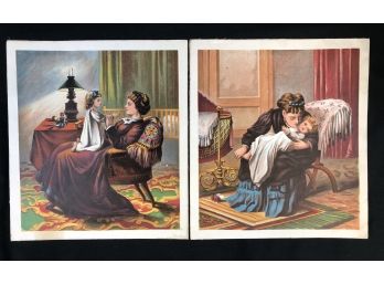 Pair Of Victorian Lithographs On Linen