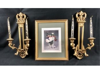 Framed Picture With A Pair Of 1969 Syroco Candle  Sconces