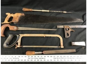 Assorted Antique Tools, Starrett Adjustable Square, Disston Hacksaw, Keyhole Saw, 1800s Pruning Saw, Archimede