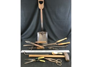 Lot Of Vintage/antique Tools, Railroad Shovel, Sledgehammer, Hatchet, Grass Clippers, Hedge, Tin Snips, Tire I