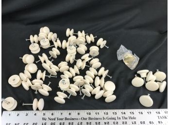 Lot Of White Drawer Knobs, Most Wood, Some Ceramic, One Brass