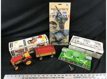 3 Toys, Metal Tractor  Made In Czech Republic, G.I. Joe Soldier, Wind Up Tin Toy