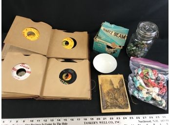 Miscellaneous Lot, Approx 30 Vintage 45 Records, Jar With Marbles, Super 8 Quarts Beam, Bag Of Yarn’s, Picture