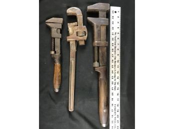3 Pipe Wrenches, Large Coes Wood Handle, Stinson, Smaller Wood Handle