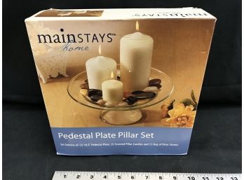 Pedestal Plate Pillar Candle Set, Three Candles, River Stones, Glass Pedestal Plate, New In Box