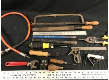 Miscellaneous Tool Lot, Lufkin Square, Wiss Snips,  Would Handle Knife, All, File, Hacksaw, Masonary Chisels,