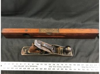 Stanley 26” Wood And Brass Level, 1920s Bailey #5 Hand Plane, Sweetheart Logo