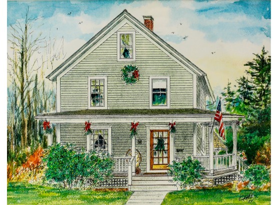 Chaz Shulman Pen & Ink Watercolor Christmas House