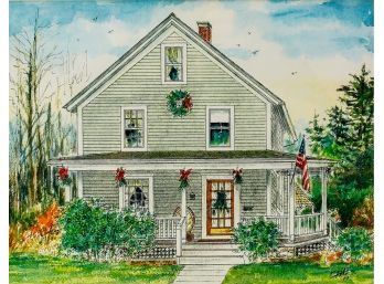 Chaz Shulman Pen & Ink Watercolor Christmas House