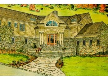 Chaz Shulman Pen & Ink Watercolor Of House With Turkeys In Yard
