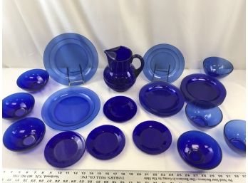 Blue Glass Lot, Pitcher, Various Plates, And Bowls