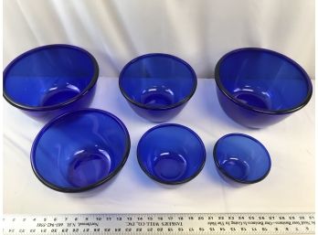 6 Large To Small Blue Glass Bowls