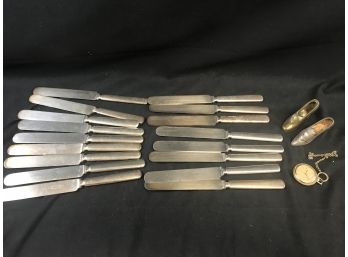 A Lot Of Rogers And Crown Silver Plated Knives, Watch, Metal Minatare Slippers