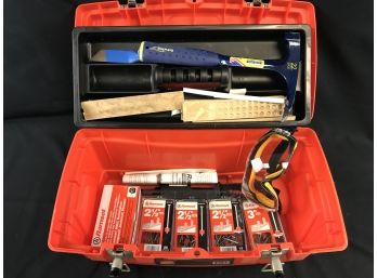 19 Inch Toolbox With Tools, RAM Set With Five Boxes Of Nails, Hammer, Chisel, Goggles