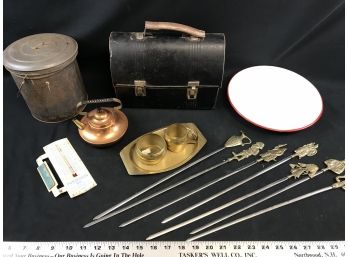 Assorted Lot Of Vintage Items, Metal Lunchbox, Pale, Miniature Kettle, Brass Creamer /Sugar, Old Thermometer