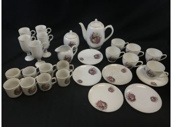 Lot Of China Tea Set, With Pot, Sugar, Creamer, Small Cups, Pedestal Cups, Saucers
