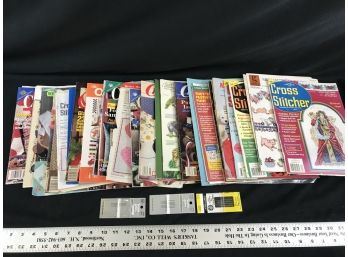 Collection Of Cross Stitching Magazines And Cross Stitch Needles