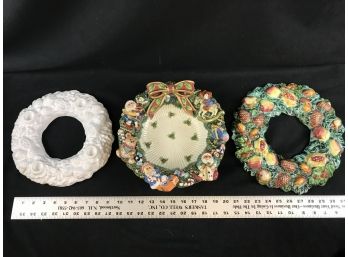 Three Ceramic Pieces, Pinecone And Pear Wreath, White Candle Centerpiece, Christmas Bowl
