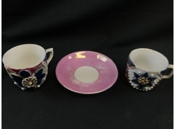 2 Antique German Miniature Cups And One Saucer