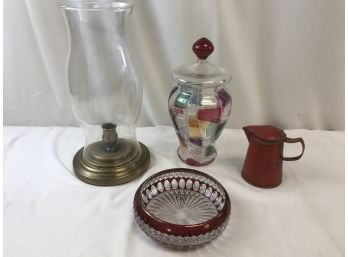 Colored Glass Jar With Lid, Bowl, Candle With Glass Sconce, Metal Miniature Pitcher