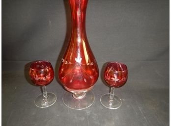 Set Of Three Vintage Red Glasses Two Wine Cups And A Vase Floral Design