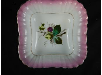 Old Pink Flower Serving Dish With Gold Lining Along Perimeter
